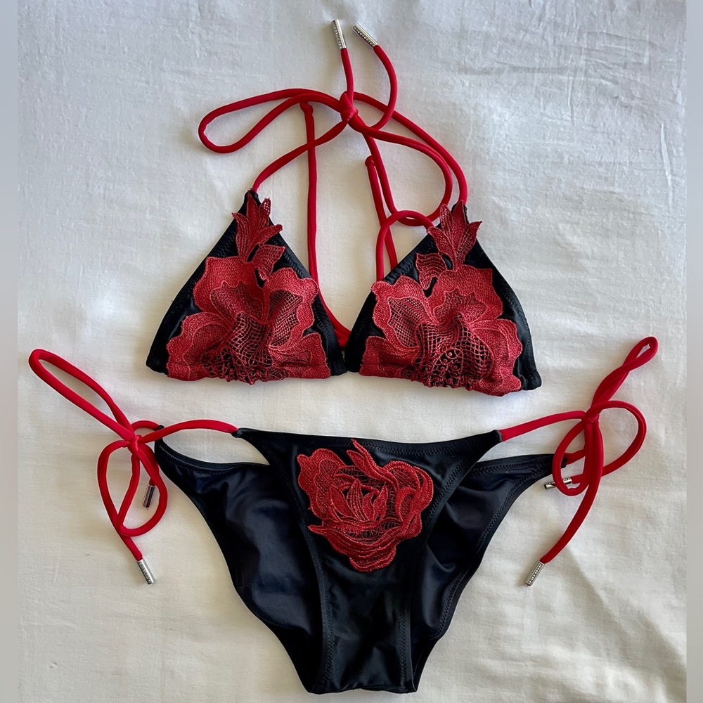 Dolecessa Swimwear | Red Rose Embroidered Black String Bikini, Size Medium